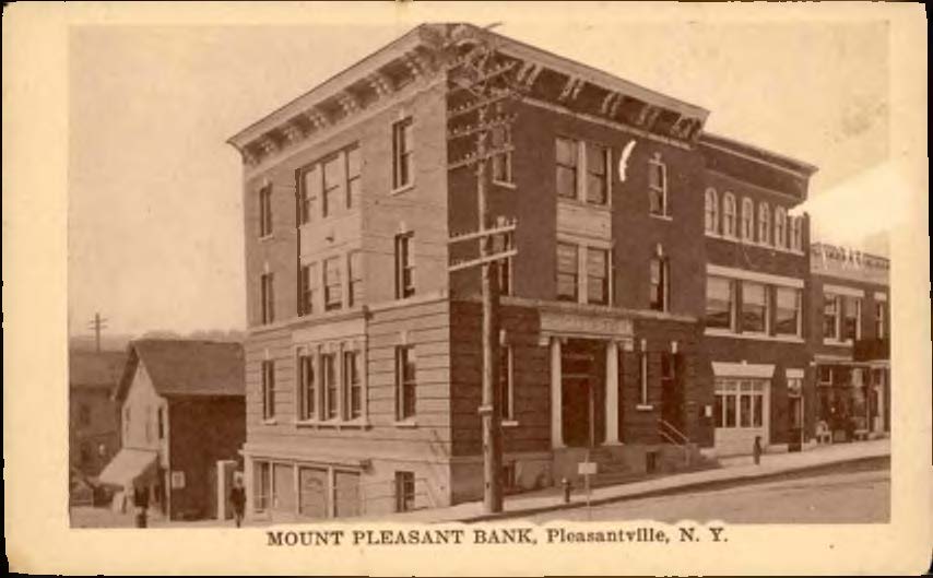 Image of a historic postcard with a photo of Mount Pleasant Bank, NW corner of Bedford Road and Wheeler Avenue