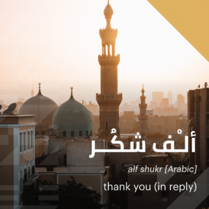 Mango Languages promotional graphic featuring the Arabic term alf shukr or thank you (in reply)